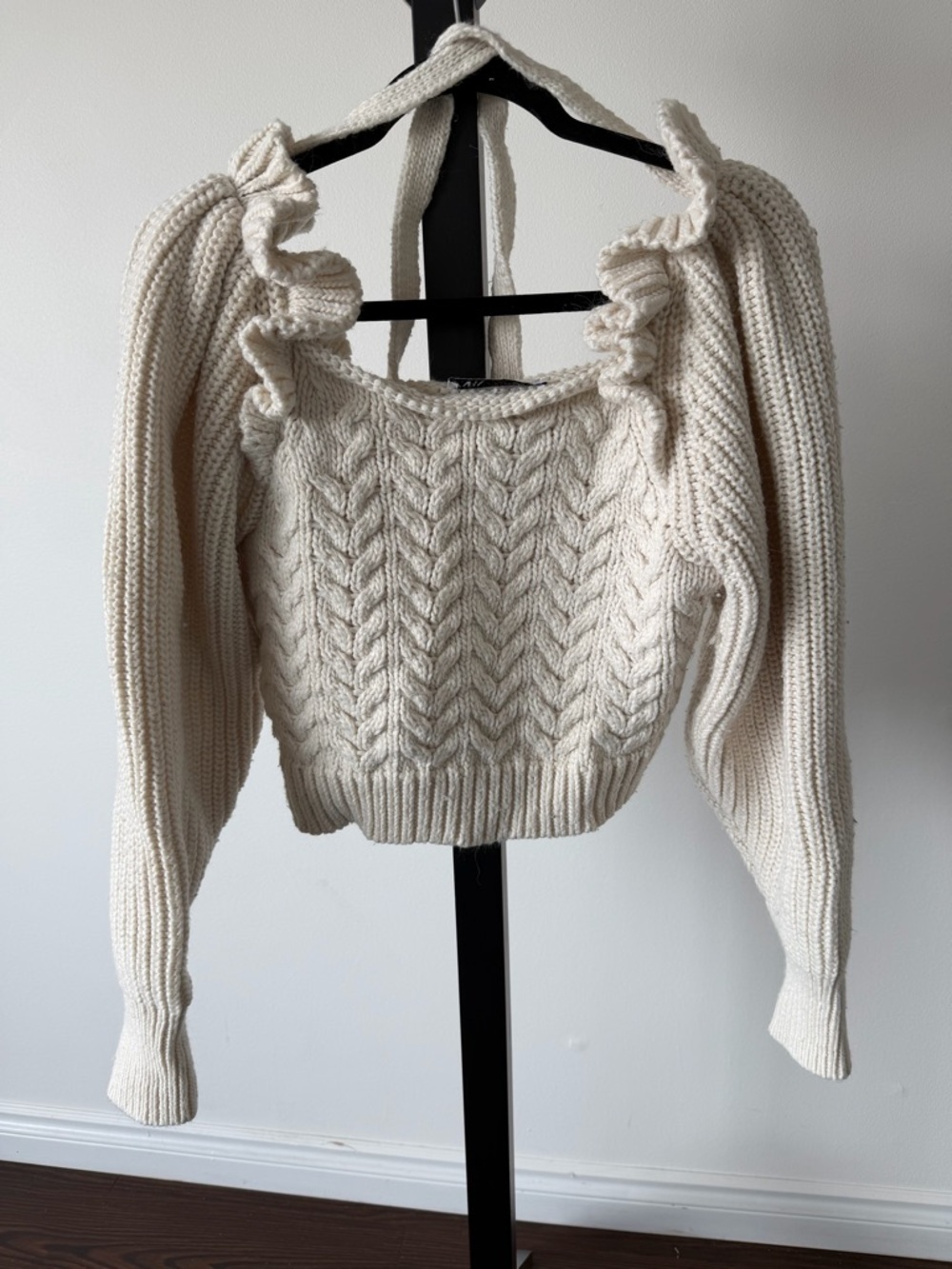 Zara Cream Cable-Knit Ruffle Off-the-Shoulder Sweater